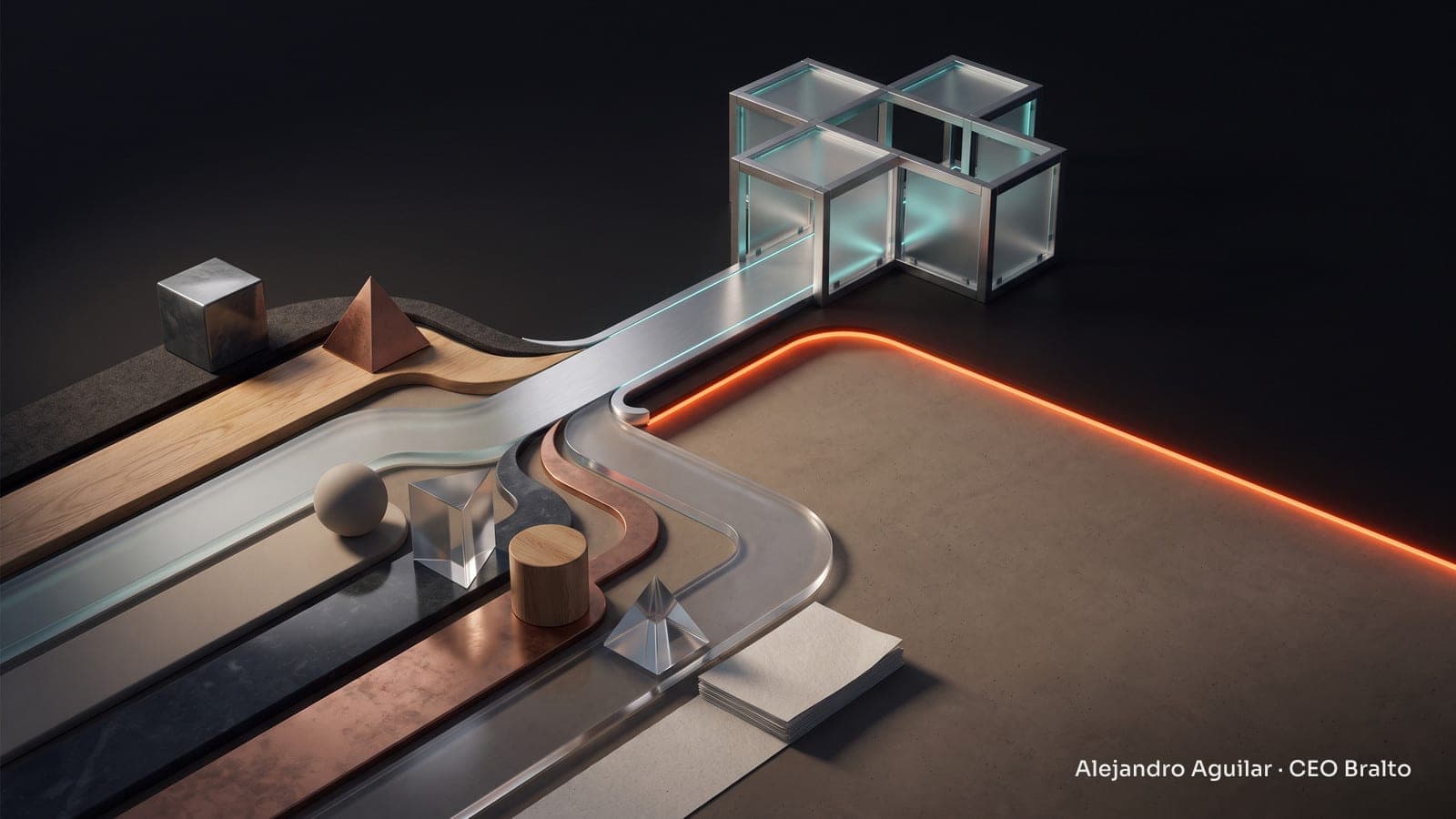 Eight paths of different materials converge toward a central structure of connected pieces, illuminated with warm light.