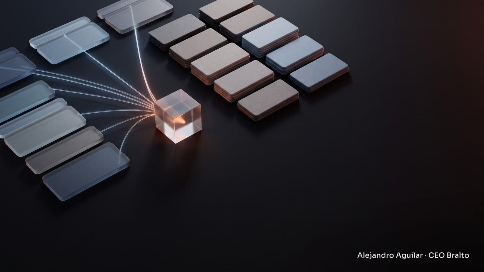 Translucent glass tabs connected by strands of light above a table, beside neatly arranged cards and a central prism.