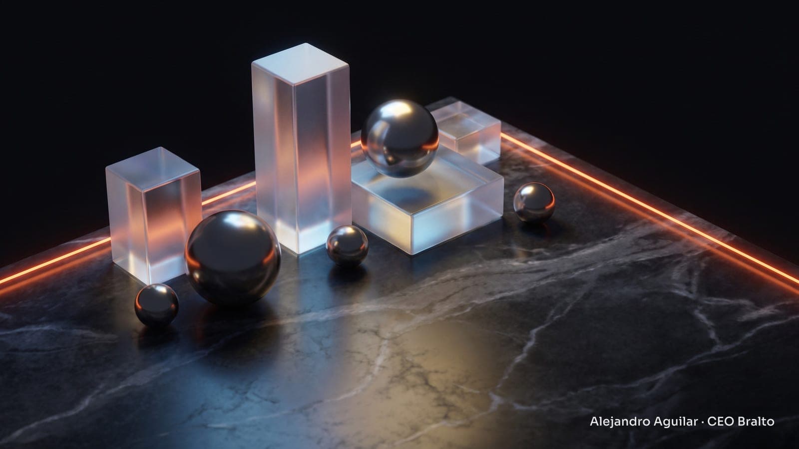 Shimmering glass prisms and polished metal spheres on marble, lit by soft reflections in blue and gold tones.