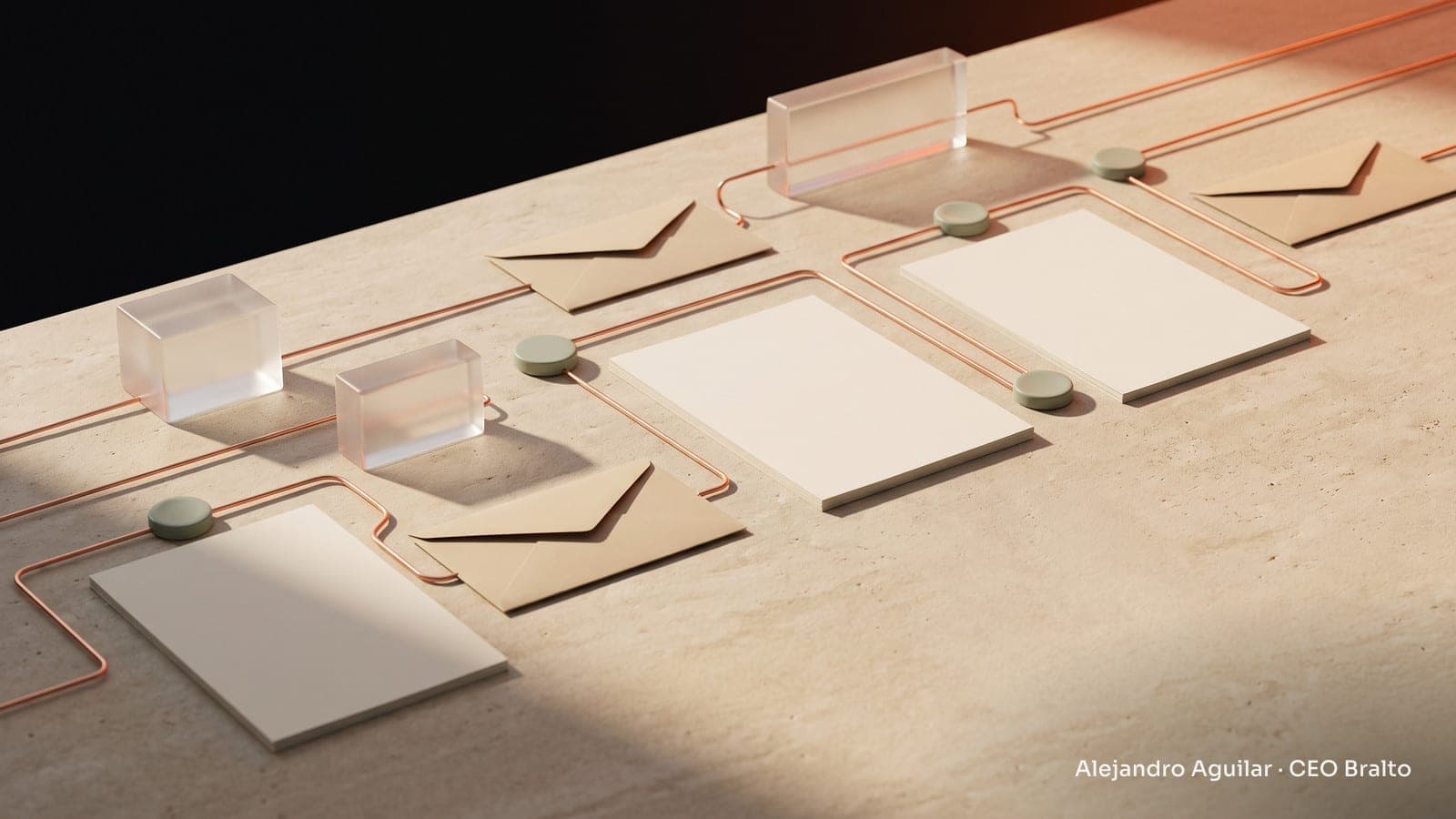 Invoices and envelopes neatly arranged on a stone table, connected by subtle lines under warm lighting.