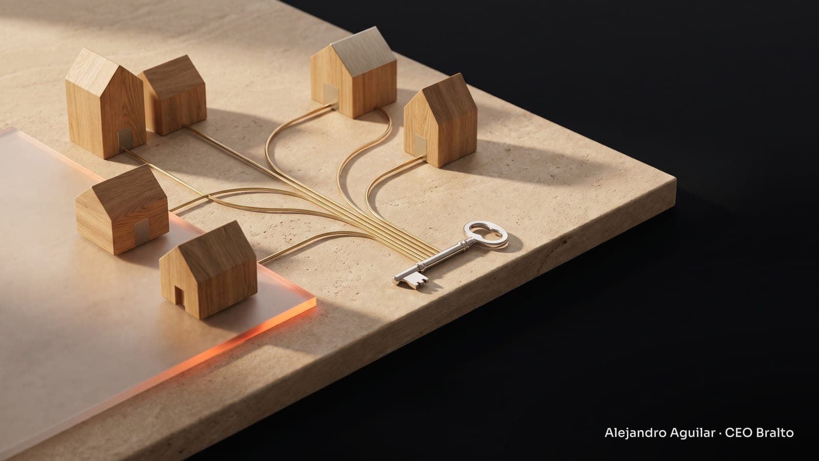 Metal keys and small wooden houses connected by lines on a light stone surface, with soft natural light.