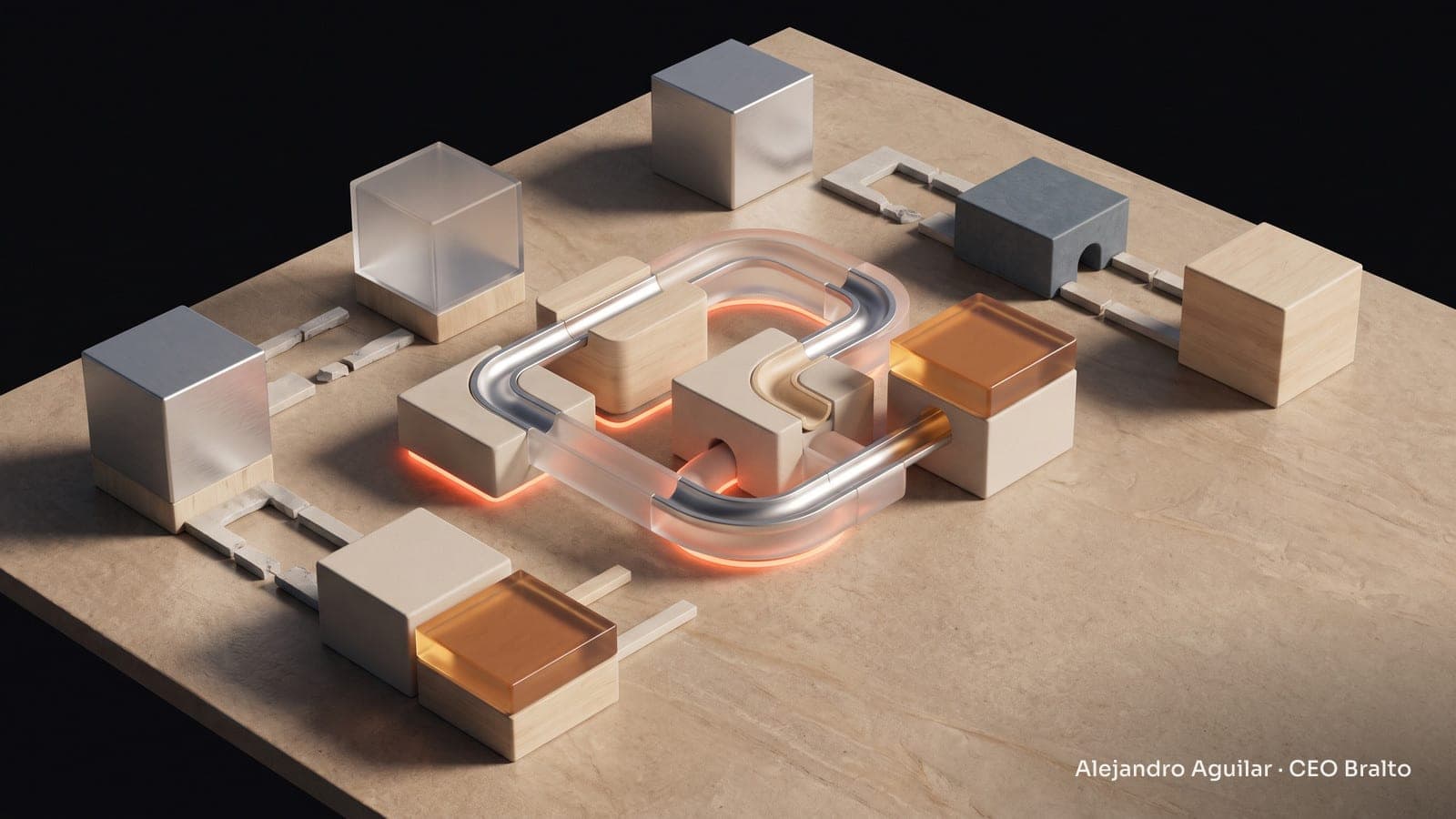 Pieces of different materials connected through channels on a table, with an illuminated central structure.