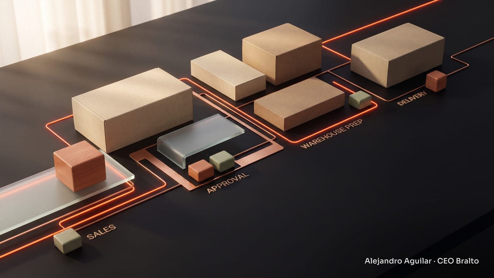 Cardboard boxes connected by neat lines on a table, with warm lighting and a composition that conveys coordination.