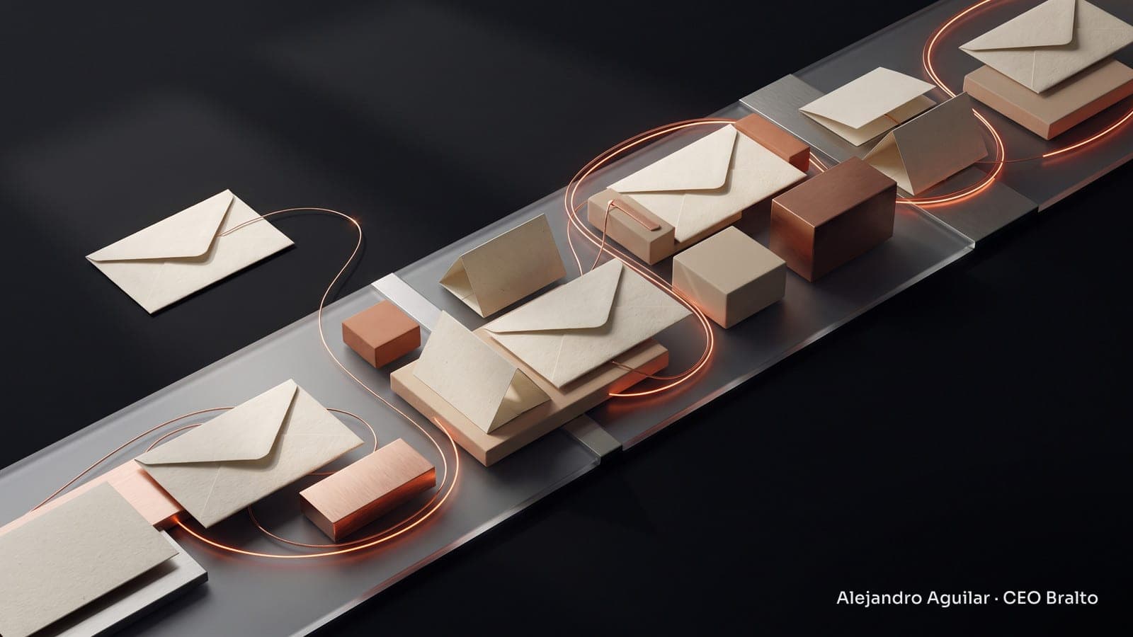 Paper envelopes and cards connected by thin copper threads on a warm table, representing sales follow-up.