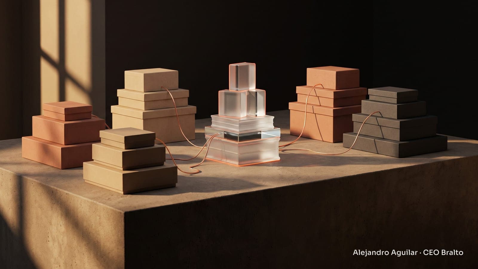 Lots of boxes organized by categories, connected by lines of light on a concrete table in warm tones.