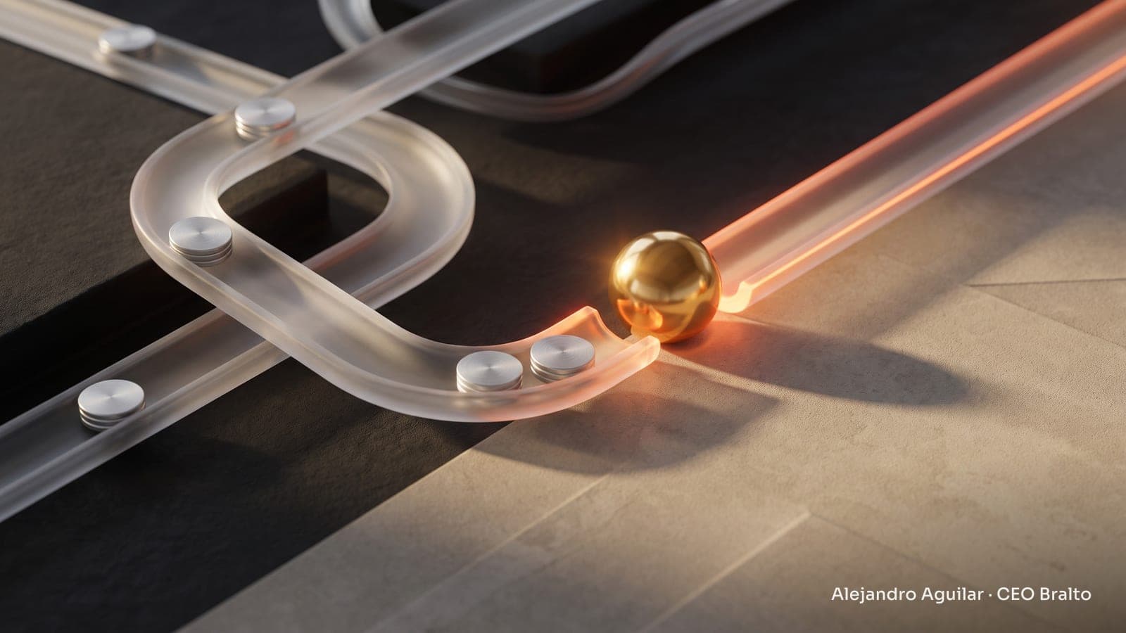 Metal tokens travel through glass channels toward a golden sphere, symbolizing the connection between advertising and sales.