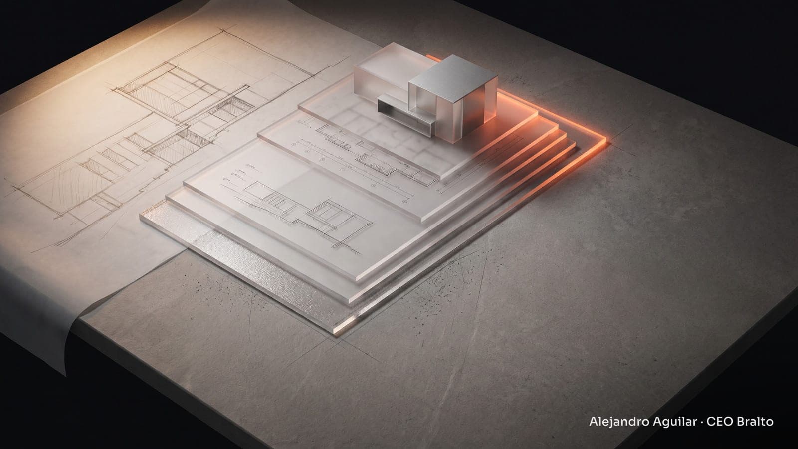 An architectural sketch on paper transforms into overlapping technical blueprints and an illuminated geometric model.