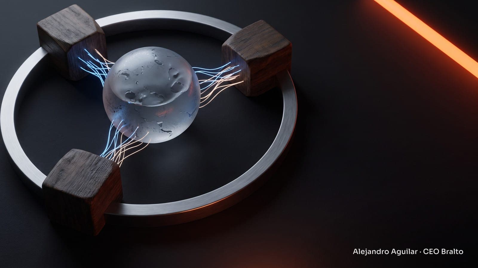 A glass sphere connects wooden blocks through glowing threads, partially surrounded by a metallic ring symbolizing oversight.