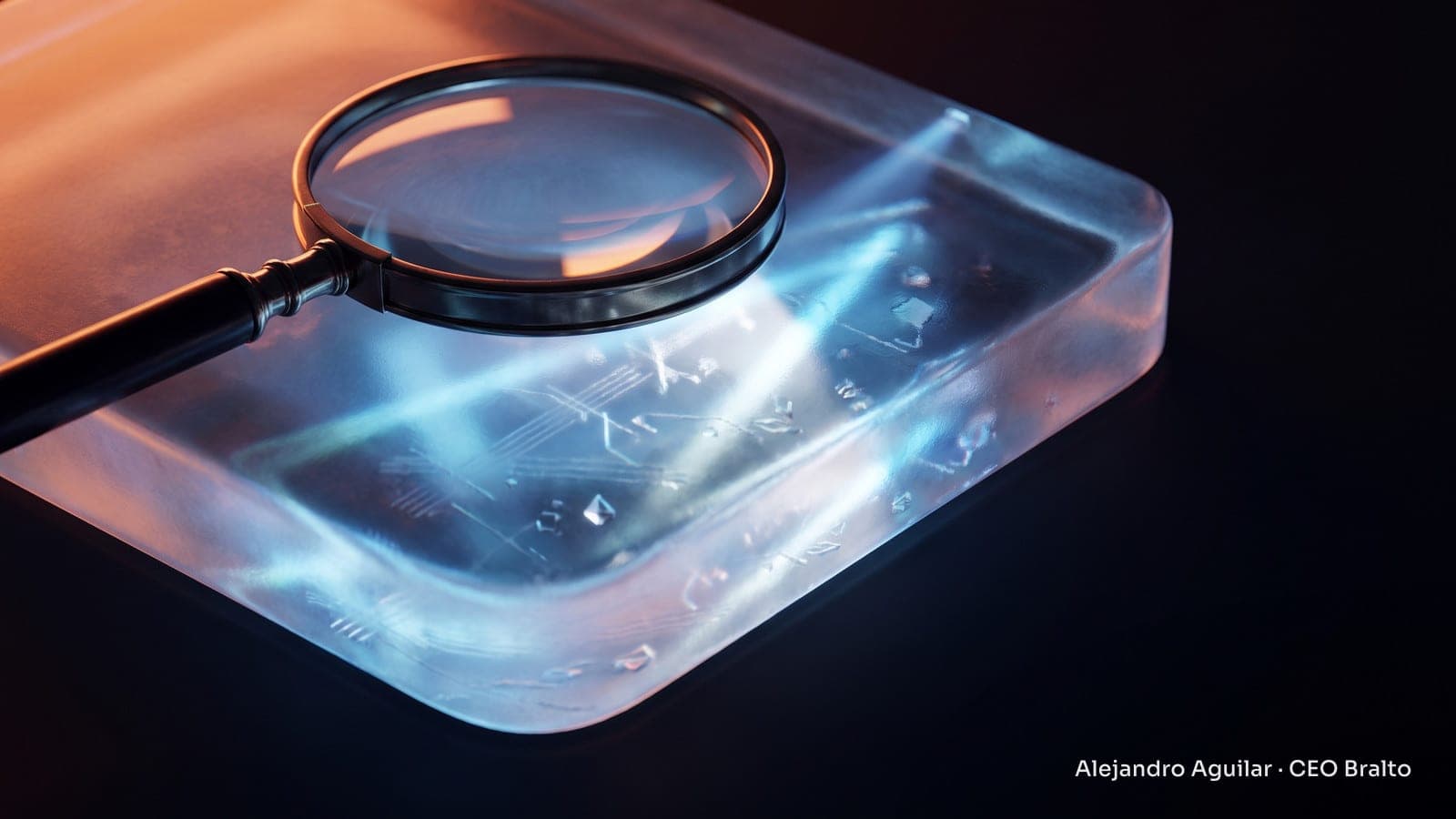 A magnifying glass on a shiny glass surface with hidden geometric patterns, illuminated with blue and white lights in a cinematic tone.