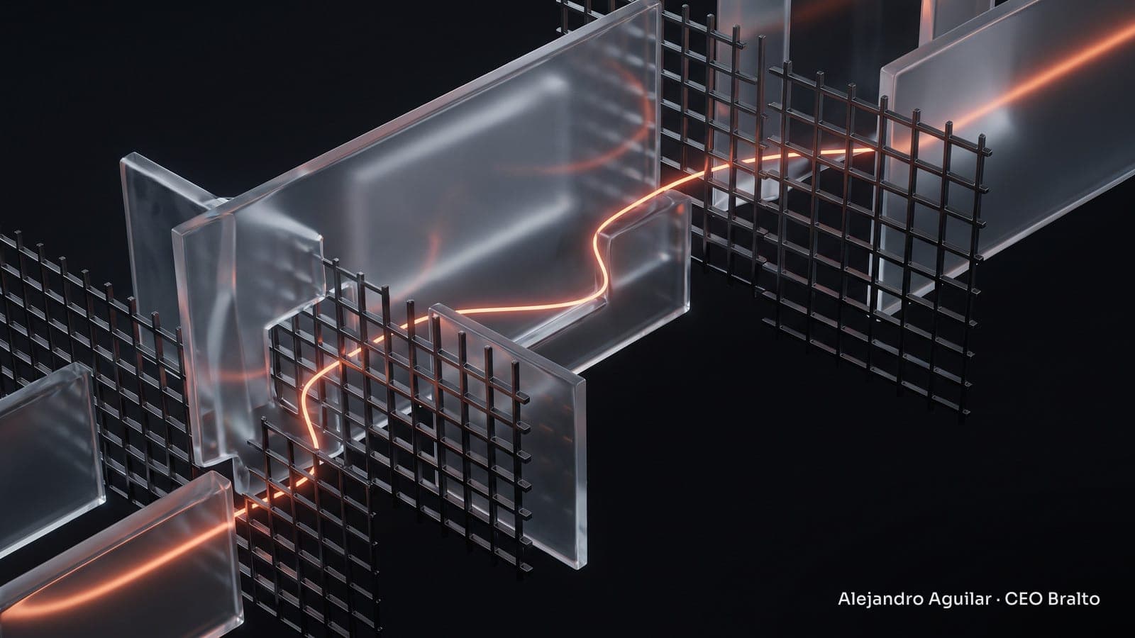 Translucent geometric structures and illuminated metallic grids representing digital security barriers.