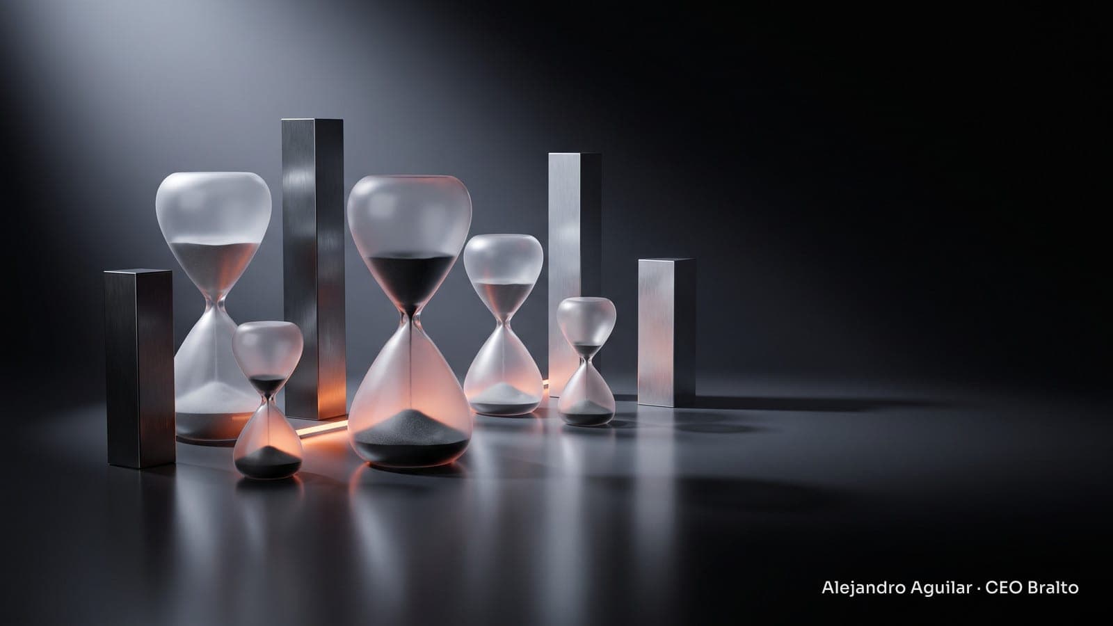 Transparent hour glasses and metal pillars on a reflective surface, illuminated by cool light.