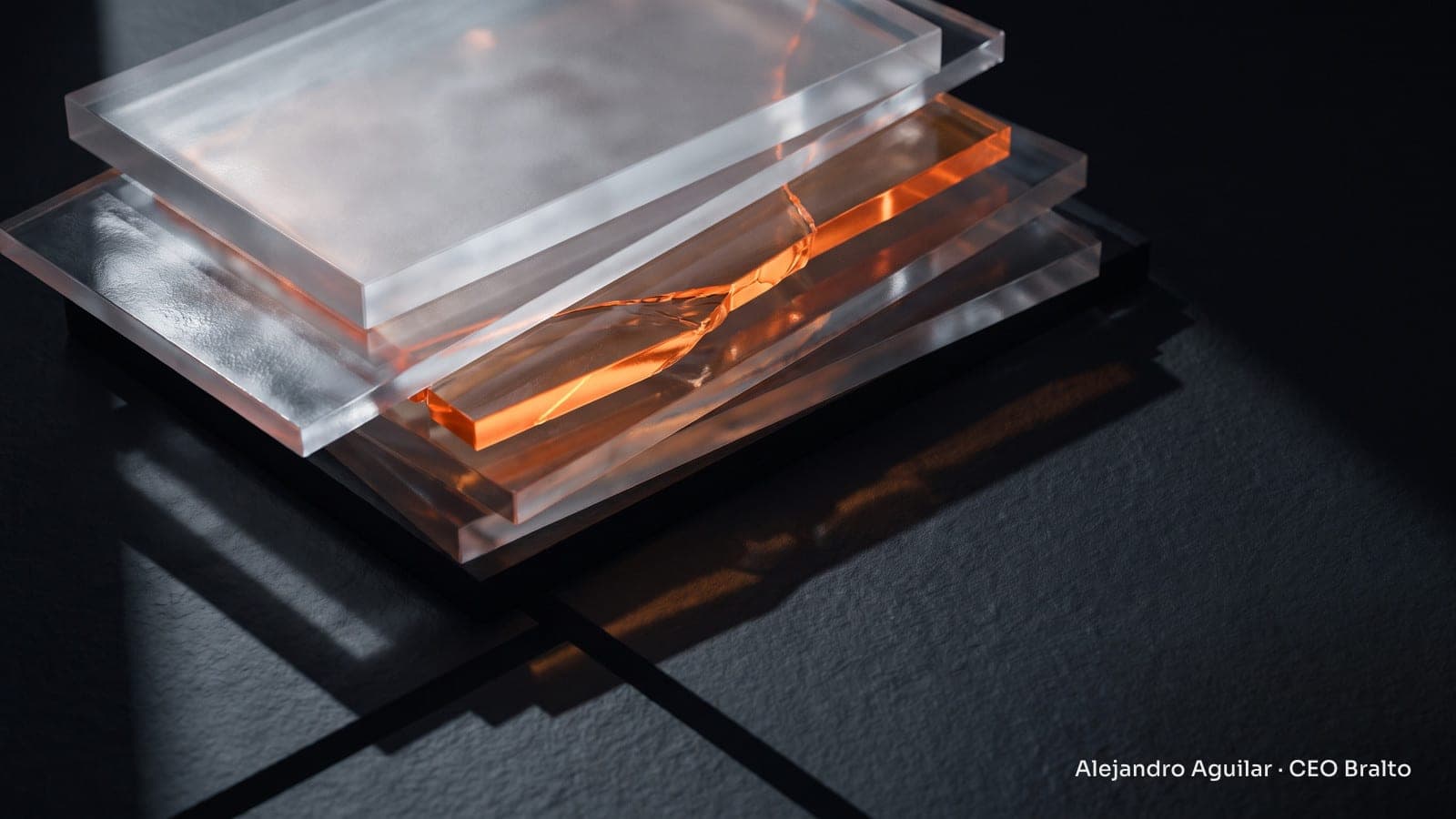 Overlapping transparent sheets reveal an amber-lit crack, representing hidden errors in artificial intelligence reports.