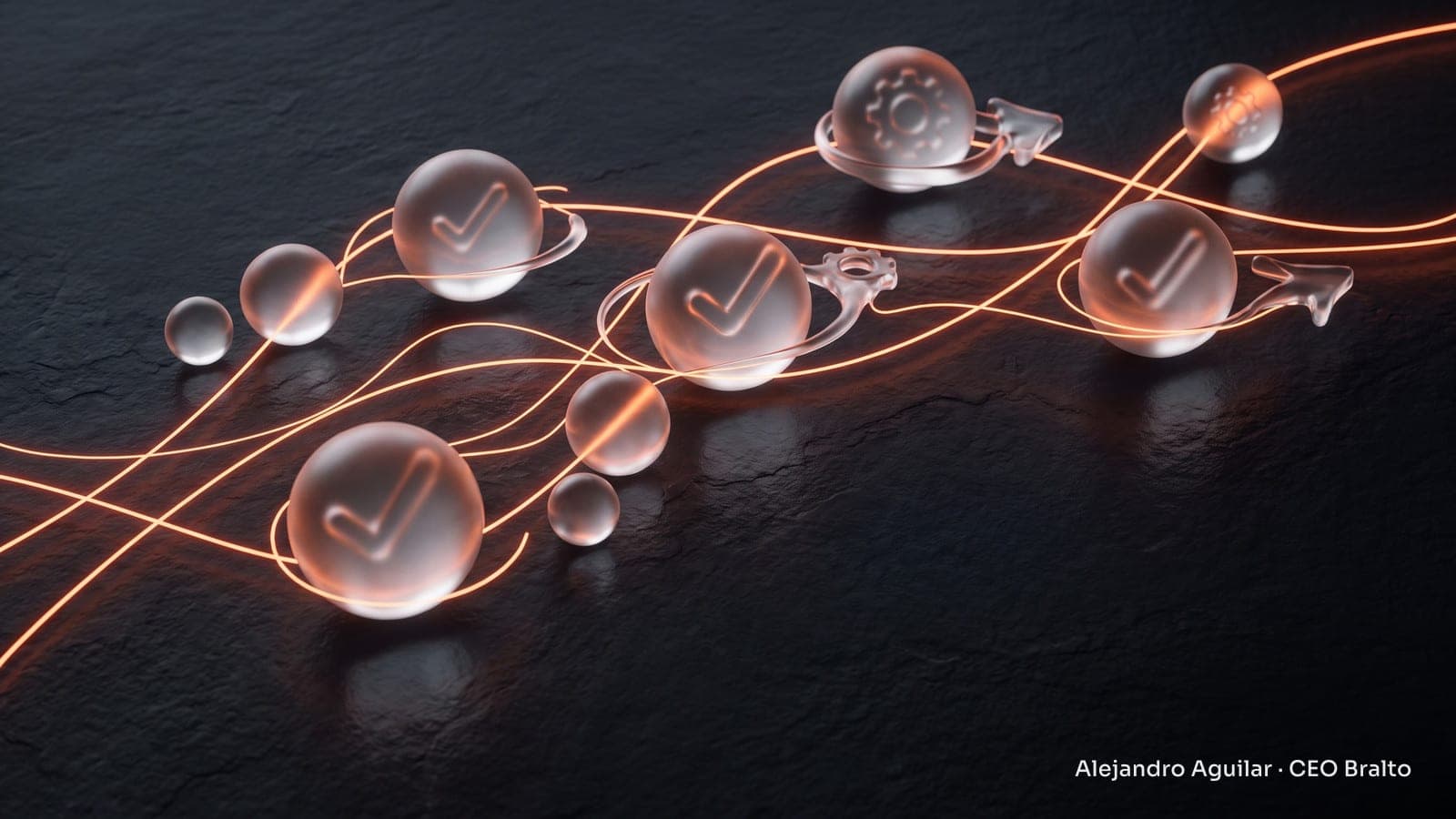 Glass spheres linked by glowing lines represent artificial intelligence assistants coordinating tasks through messages.
