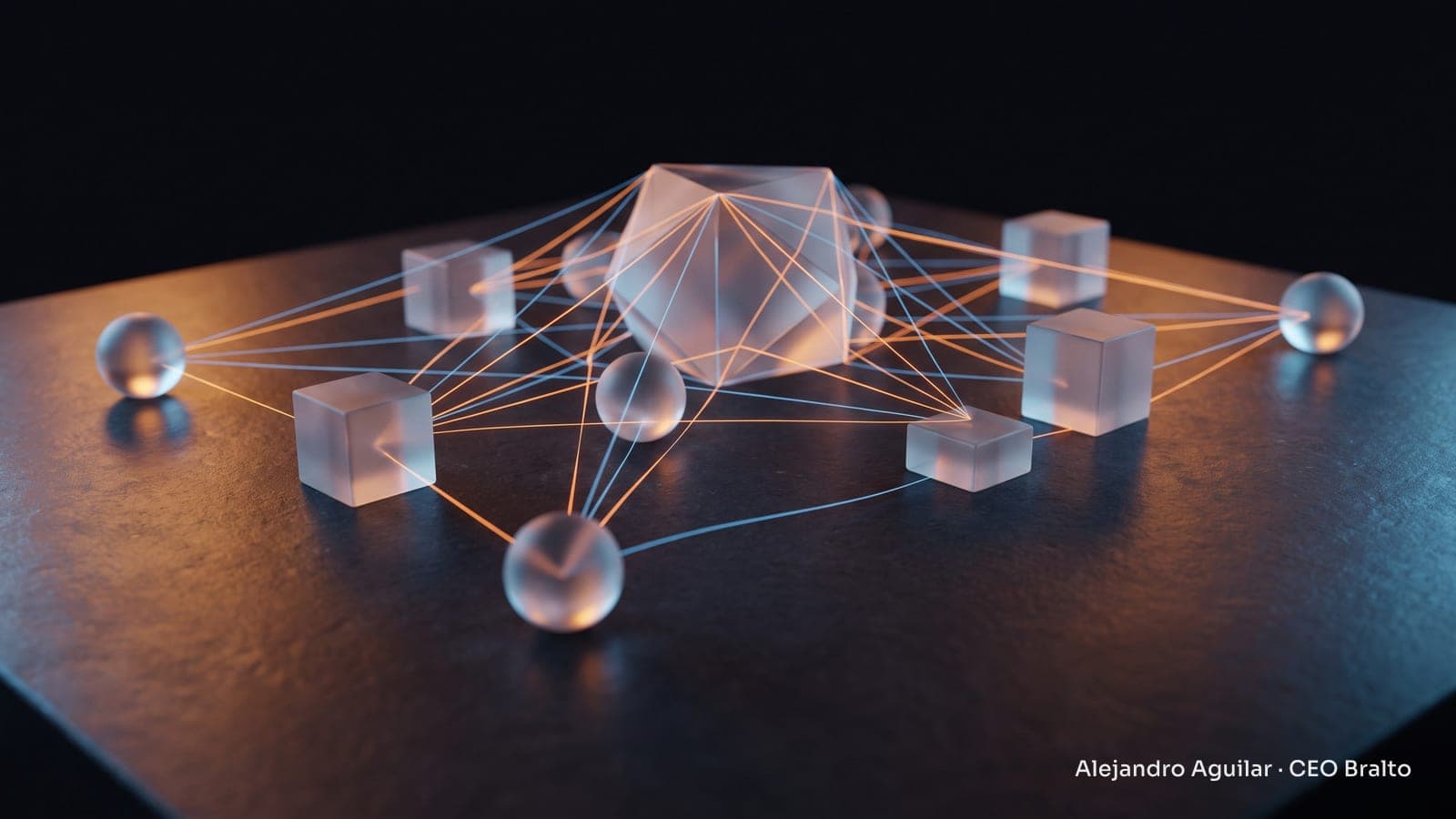 Glass pieces connected by glowing threads on a dark table, representing integrated customer information.