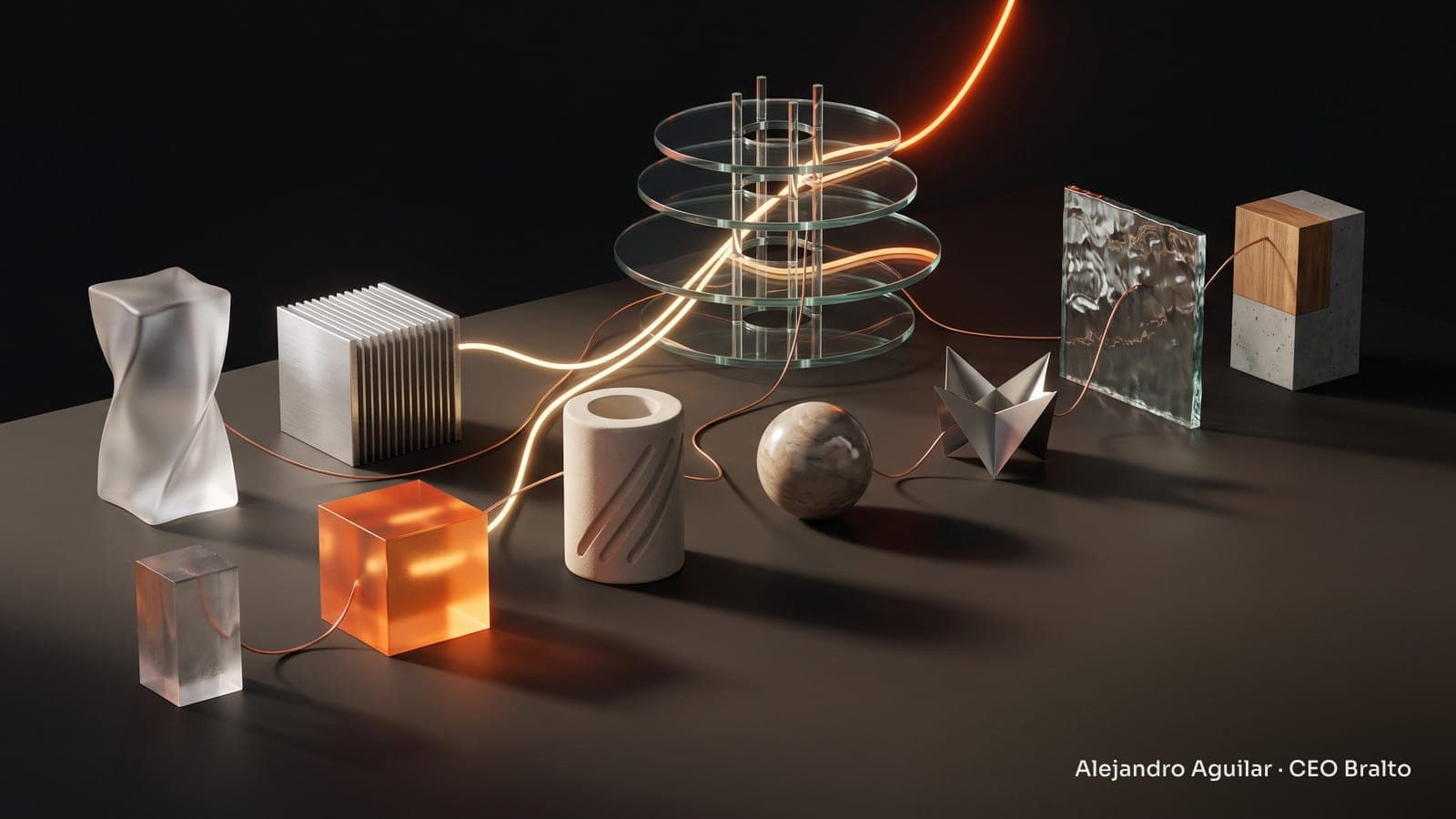 Eight geometric pieces of glass, metal, and ceramic connected by light threads to a central transparent structure.