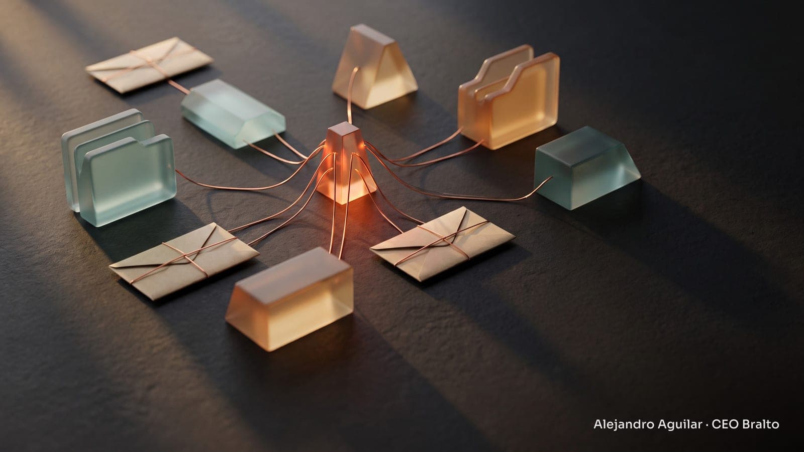 Envelopes and glass pieces connected by copper lines on a dark table, illuminated by warm light.