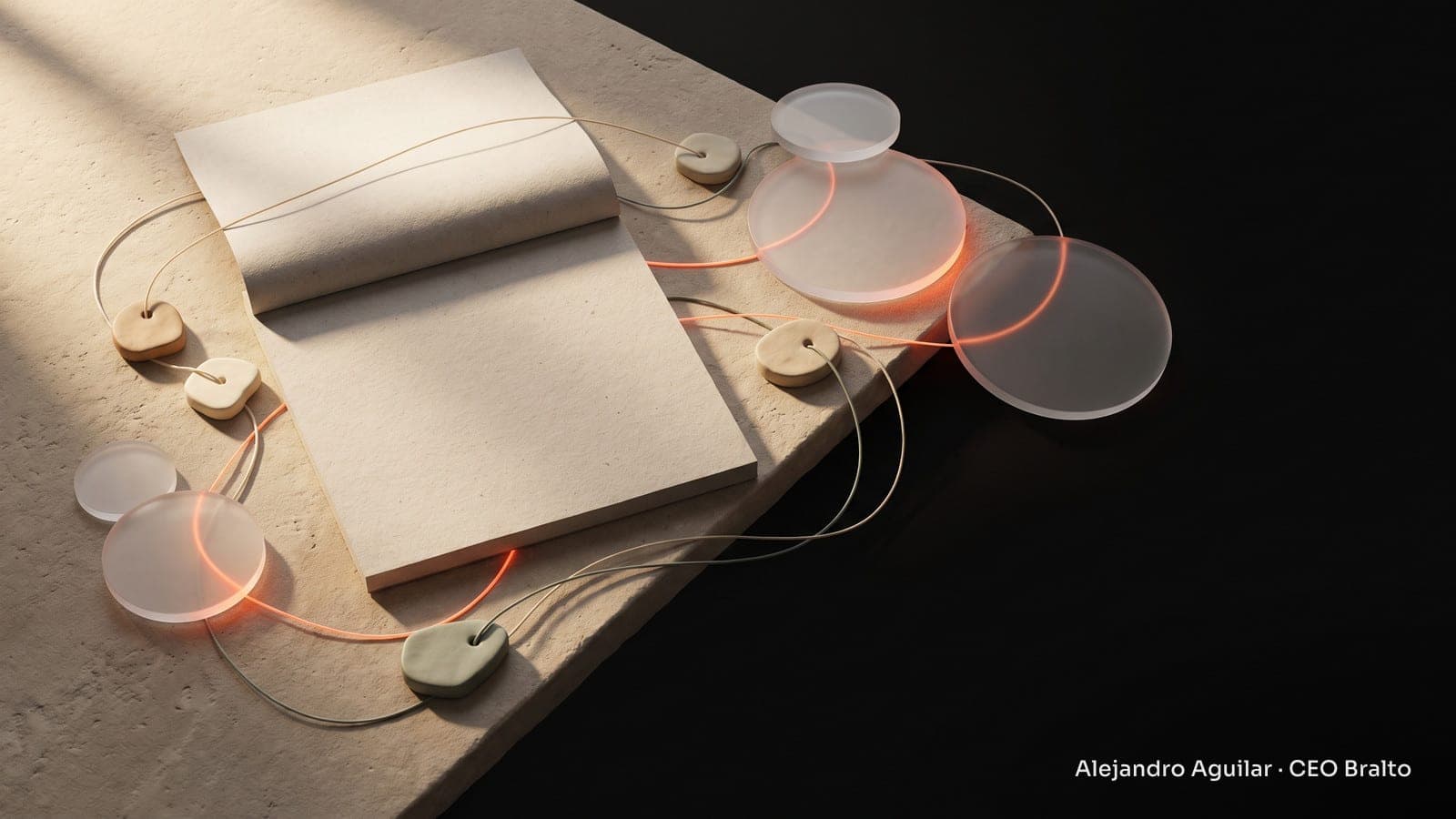 Paper calendar surrounded by cards connected by thin lines on a light table, with natural light and soft shadows.