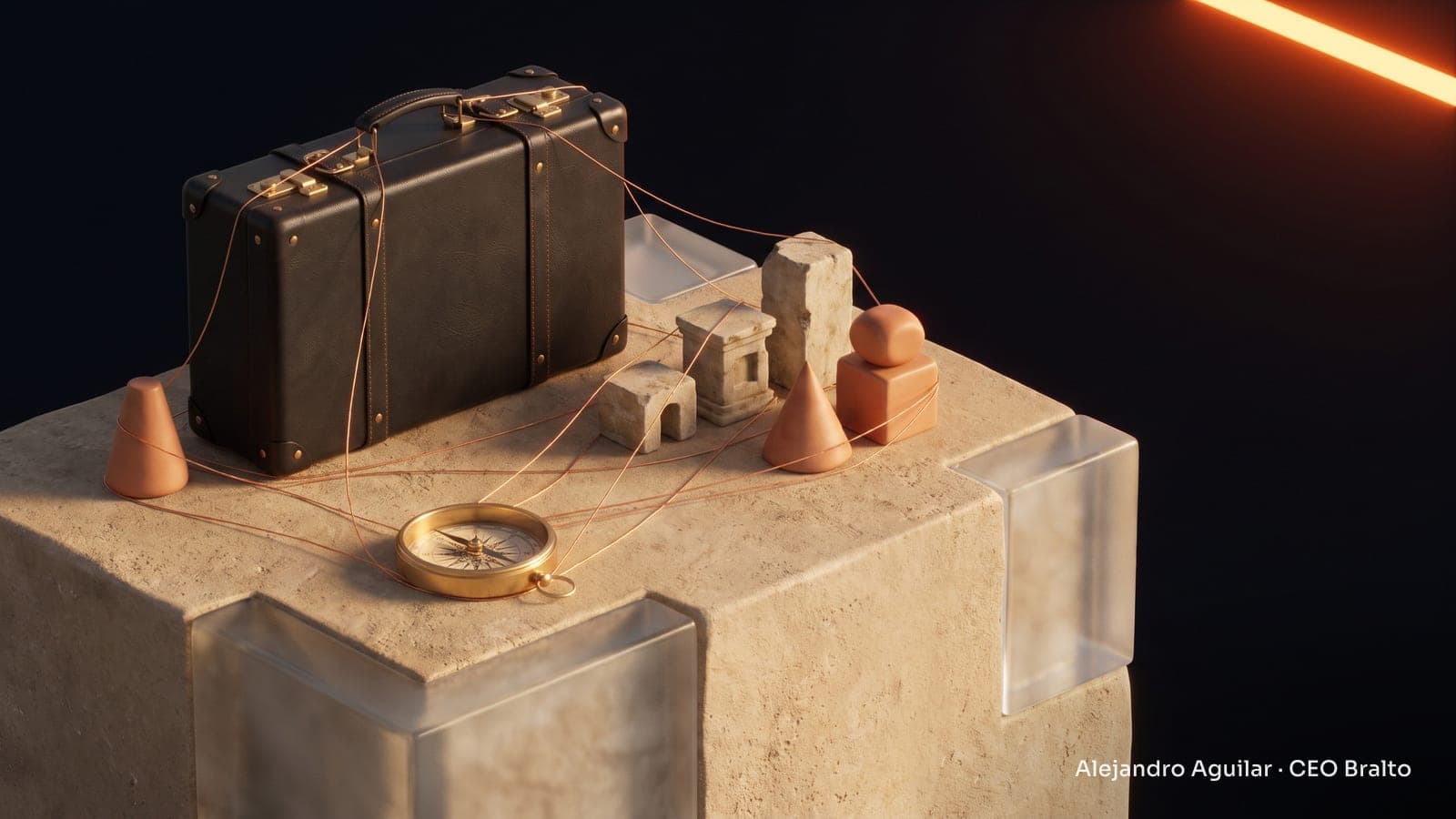 A leather suitcase and compass beside pieces connected by lines on a warm-toned table, evoking travel and integrated processes.