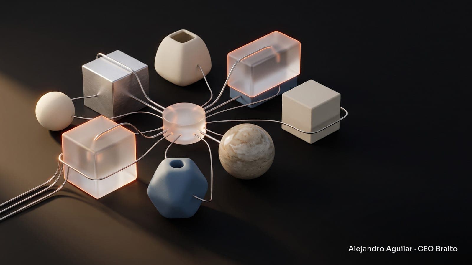 Geometric pieces connected by metal lines on a light-colored table, with warm light and soft shadows.
