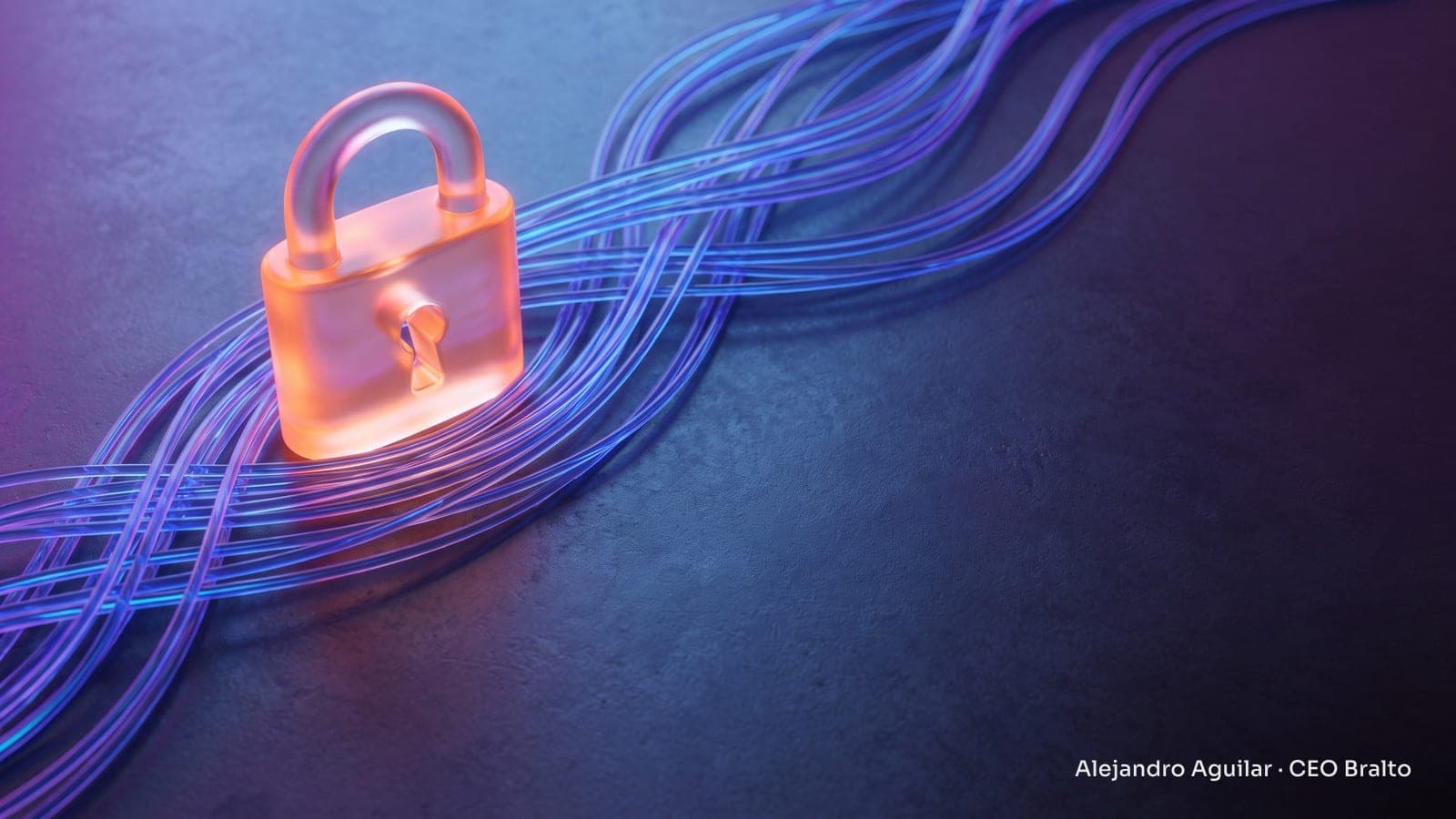 A translucent glass padlock over glowing fiber optic lines in a dark environment with blue and magenta lighting.