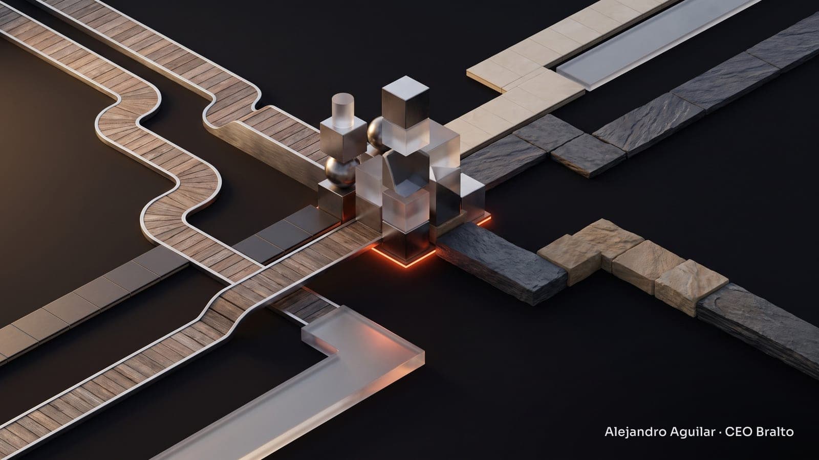 Eight paths made of different materials converge on a central structure of connected pieces, illuminated by natural light.