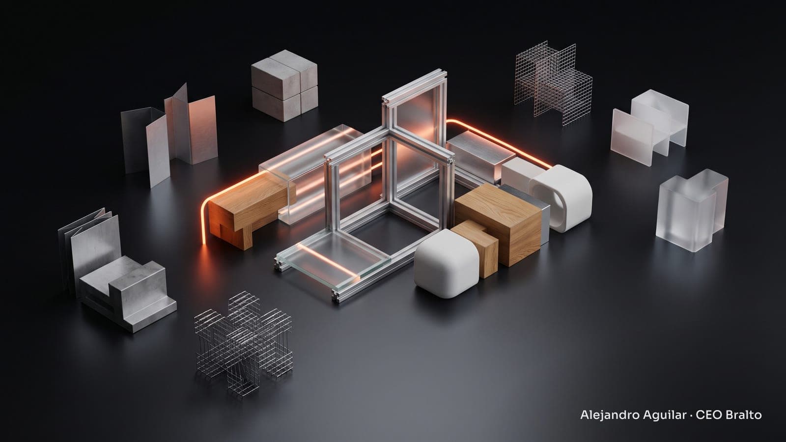 Eight modular structures made of different materials surround a central system of connected pieces, illuminated by natural light.