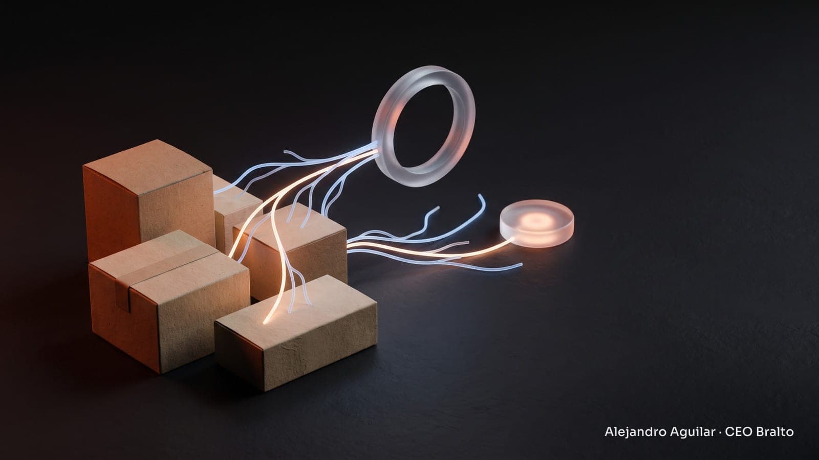 Packages on a table connected by light paths to a glass ring and a glowing disc representing purchase approval.
